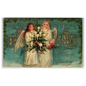 Vintage Gel Coated Christmas Postcard with Angels and Candle Tree
